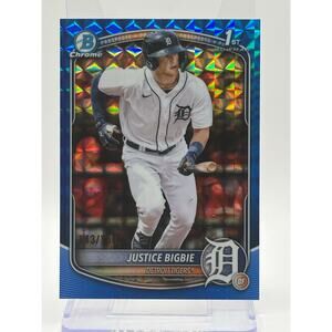 2025 Bowman Chrome Justice Bigbie 1st Blue Geometric Refractor 143/150 SP Tigers